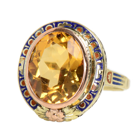 Honey Kissed Citrine Art Deco Enamel Ring