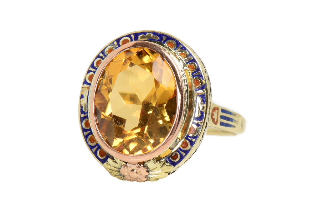 Honey Kissed Citrine Art Deco Enamel Ring