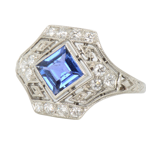 Art Deco Finesse - Sapphire Diamond Platinum Ring