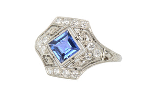 Art Deco Finesse - Sapphire Diamond Platinum Ring