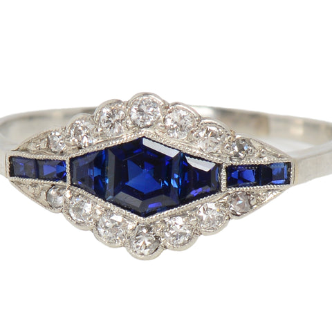Art Deco Royal Blue Sapphire Diamond Platinum Ring