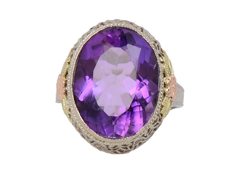 Divine Amethyst Three Color Art Deco Ring