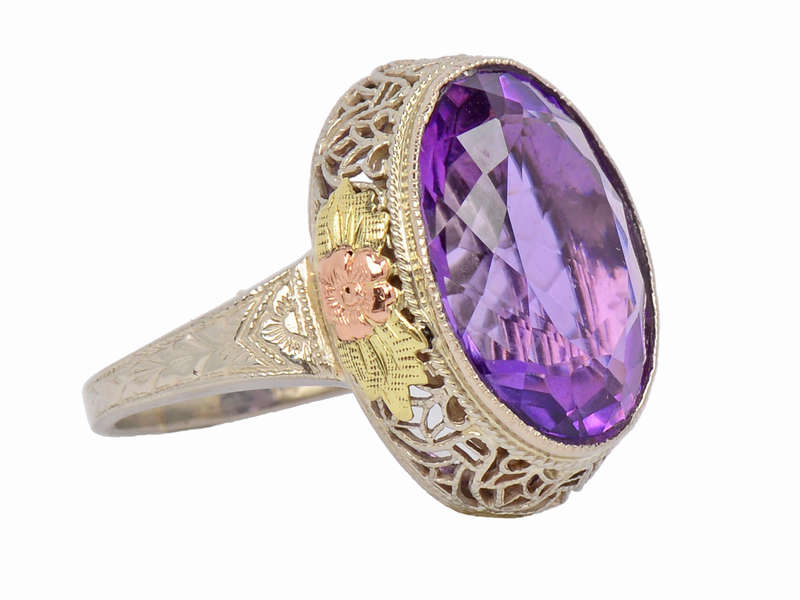 Divine Amethyst Three Color Art Deco Ring