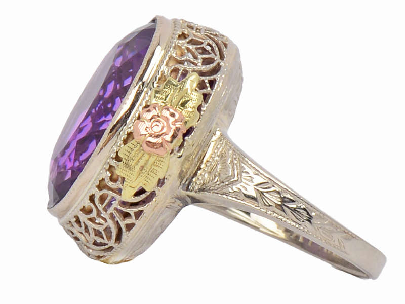 Divine Amethyst Three Color Art Deco Ring