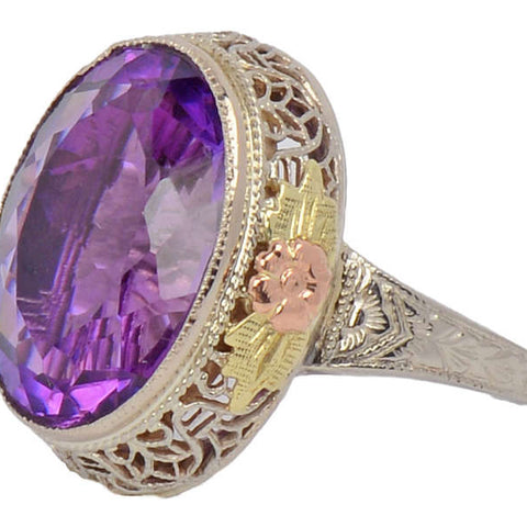 Divine Amethyst Three Color Art Deco Ring