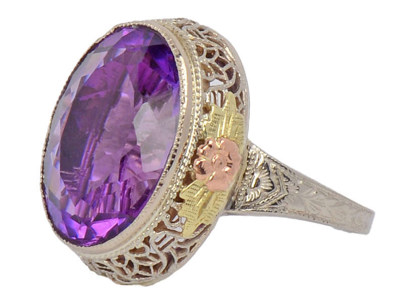 Divine Amethyst Three Color Art Deco Ring