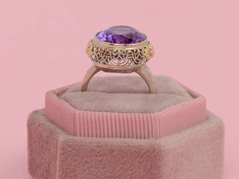 Divine Amethyst Three Color Art Deco Ring