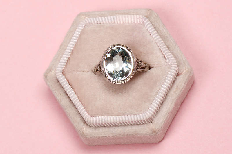 
                      
                        Vintage Filigree White Gold Aquamarine Ring
                      
                    