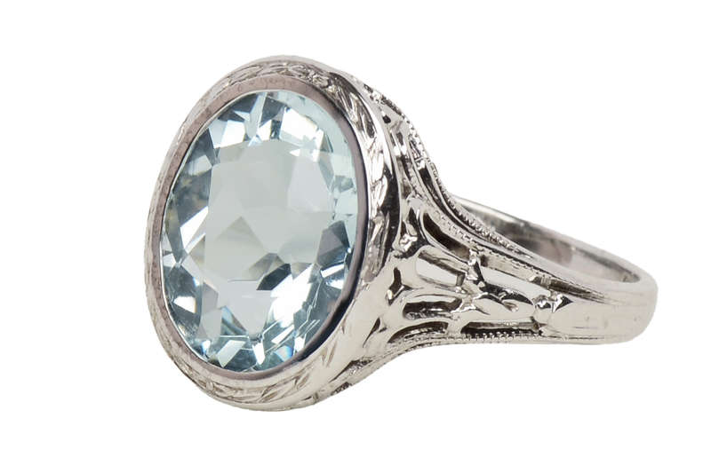 
                      
                        Vintage Filigree White Gold Aquamarine Ring
                      
                    