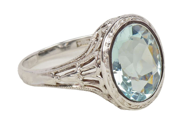 
                      
                        Vintage Filigree White Gold Aquamarine Ring
                      
                    