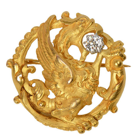Art Nouveau 18k Diamond Gryphon Dragon Brooch
