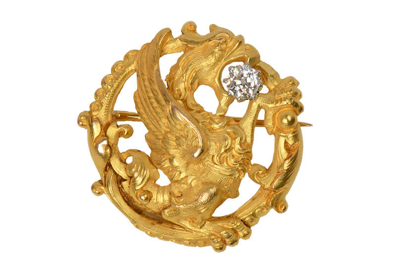 Art Nouveau 18k Diamond Dragon Brooch