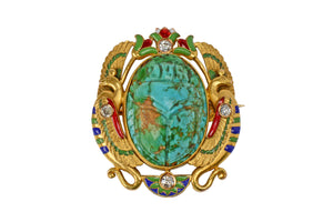 Egyptian Revival Enamel Turuqoise Scarab Brooch