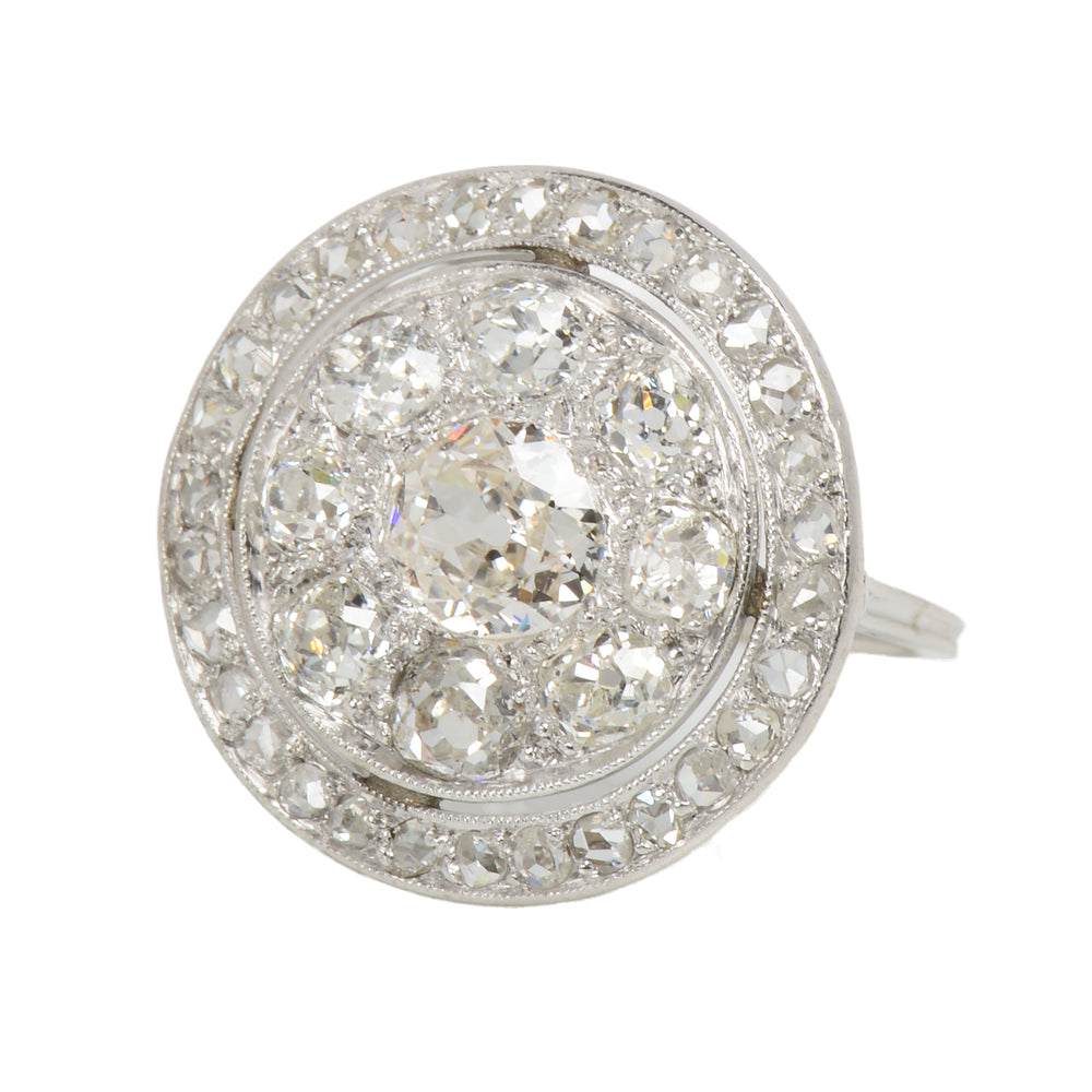 French Diamond Platinum Dinner Antique Ring in the Round