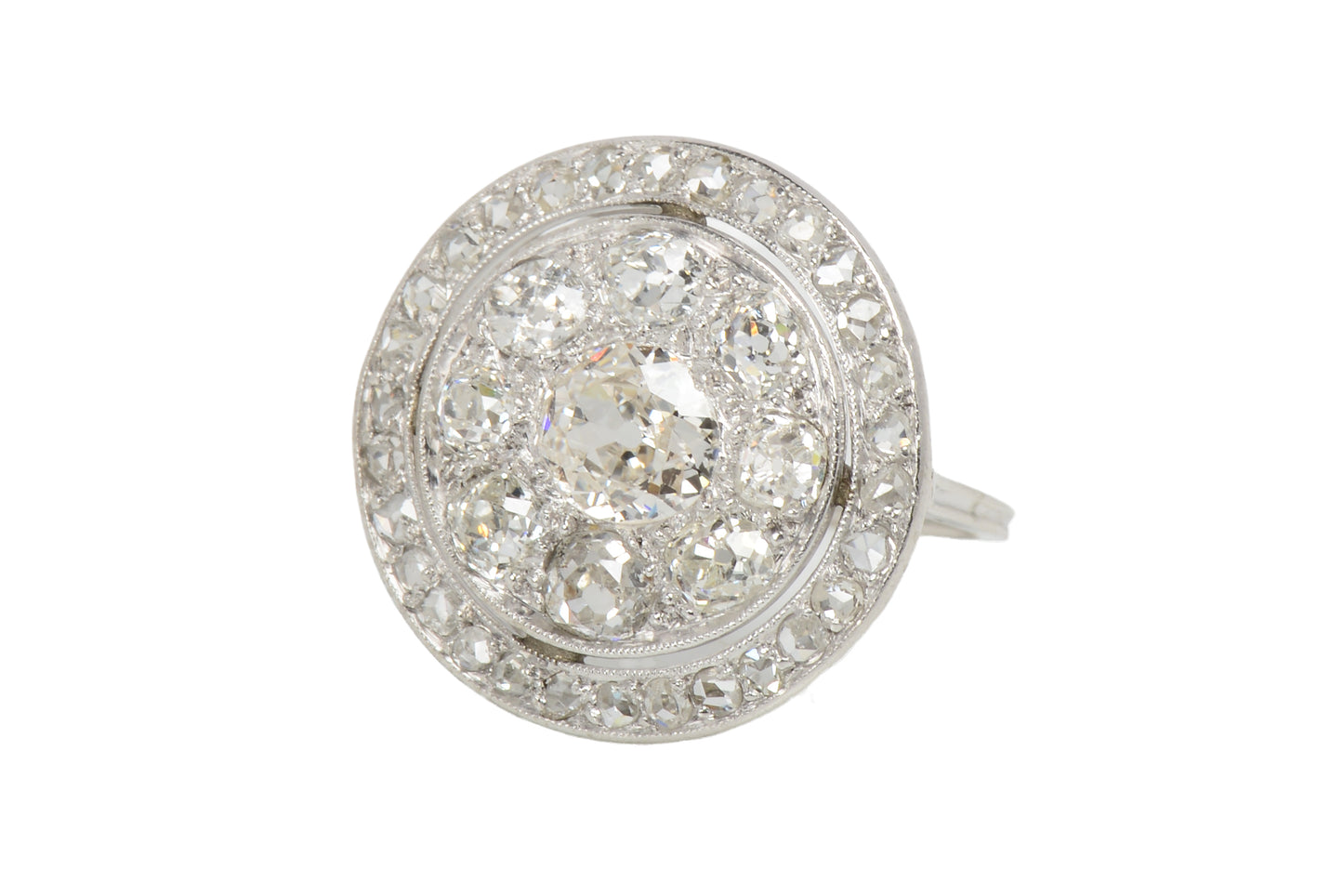 French Diamond Platinum Dinner Antique Ring in the Round