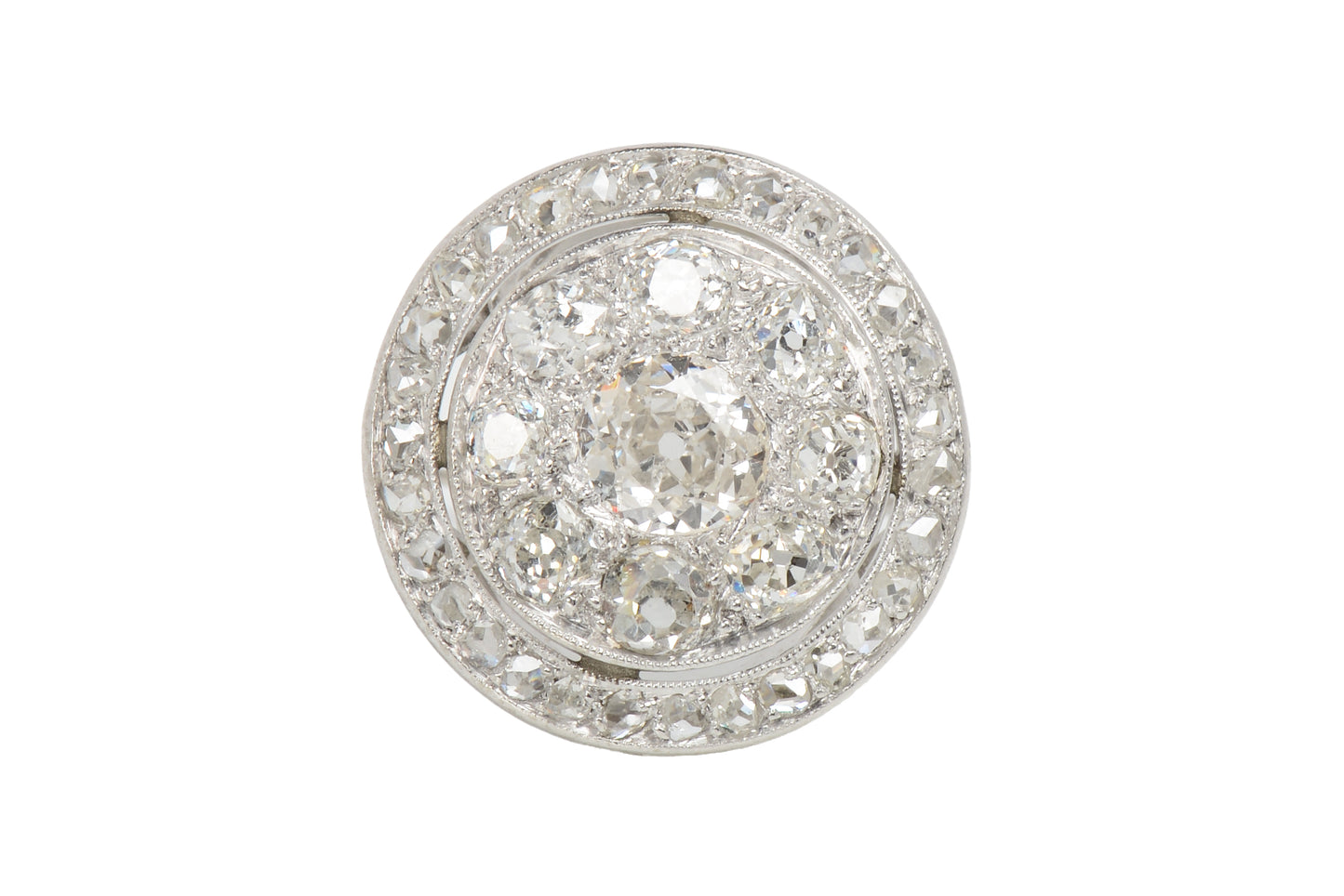 French Diamond Platinum Dinner Antique Ring in the Round