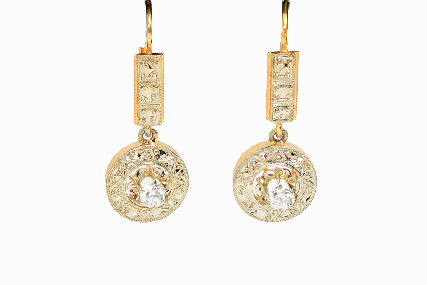 French Diamond Dangle 18k Gold Earrings