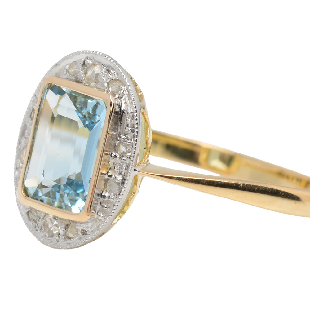 French Aquamarine Rose Cut Diamond Ring