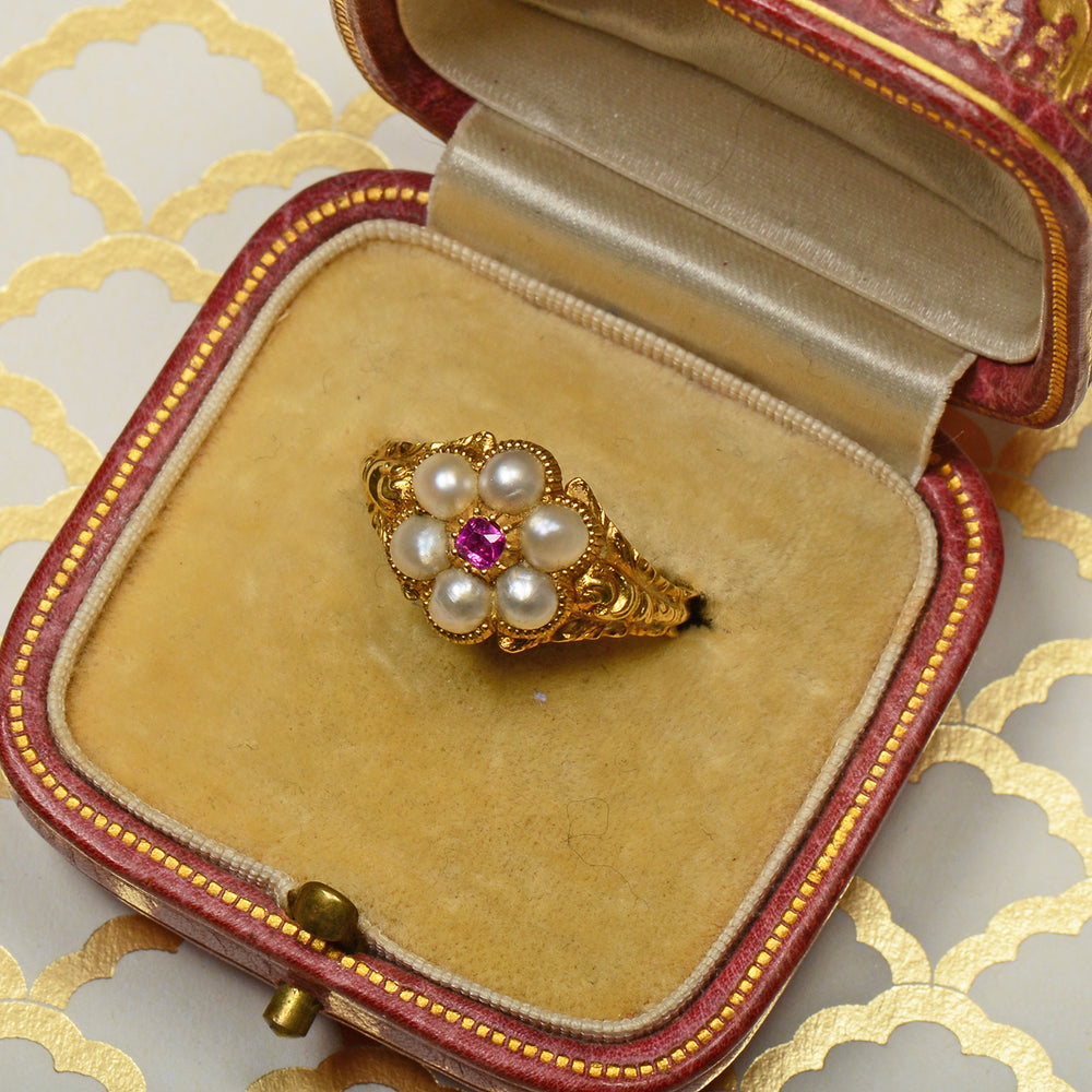 
                      
                        Georgian Antique Pearl Ruby Locket Ring
                      
                    