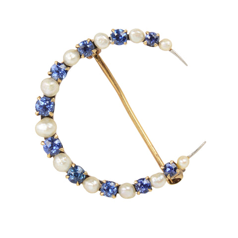 Krementz Montana Sapphire Natural Pearl Crescent Brooch
