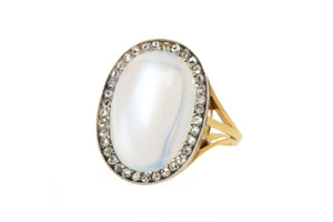 Oval large moonstone diamond halo ring platinum yellow