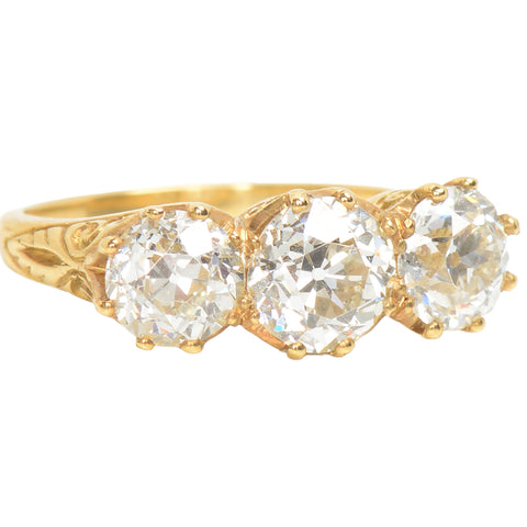 Three Old European Cut Diamond Trilogy Ring of 3.16 Carats