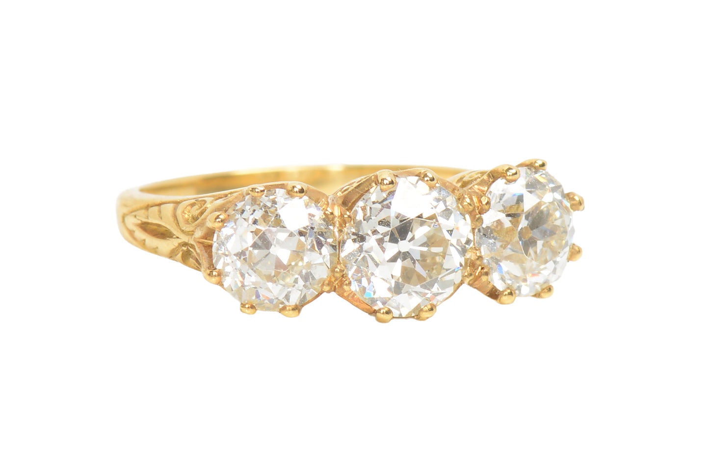 Three Old European Cut Diamond Trilogy Ring of 3.16 Carats