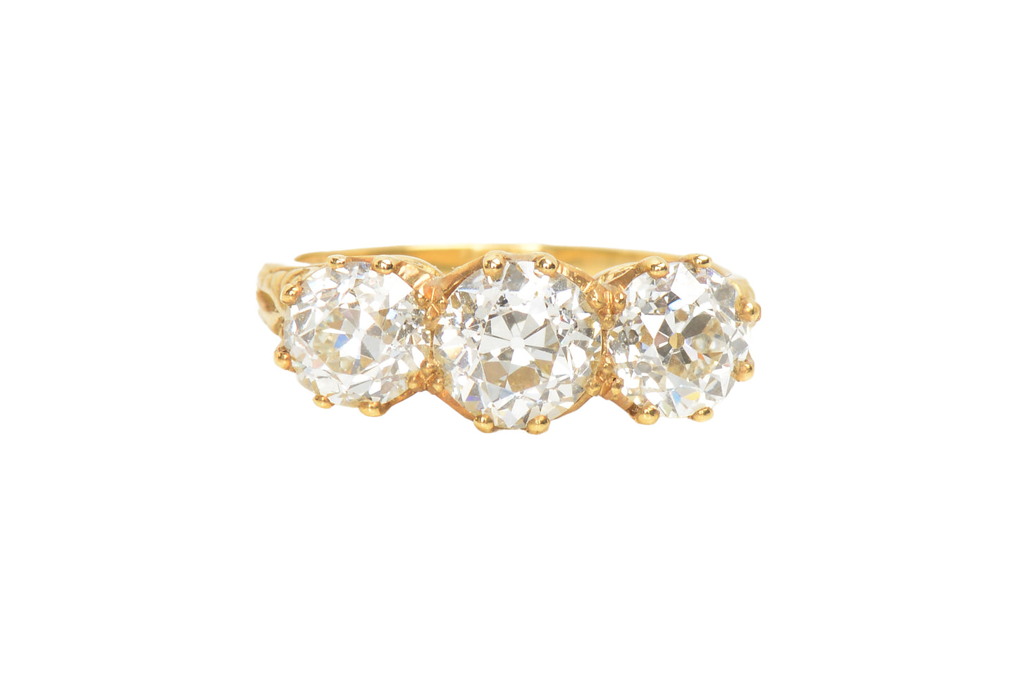 Three Old European Cut Diamond Trilogy Ring of 3.16 Carats