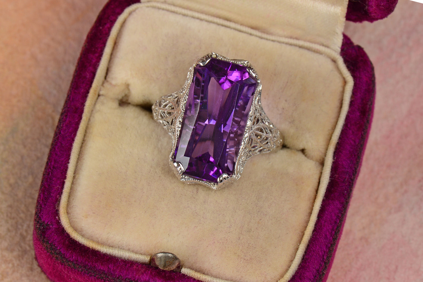 Light it Up - Glowing Amethyst White Gold Filigree RIng