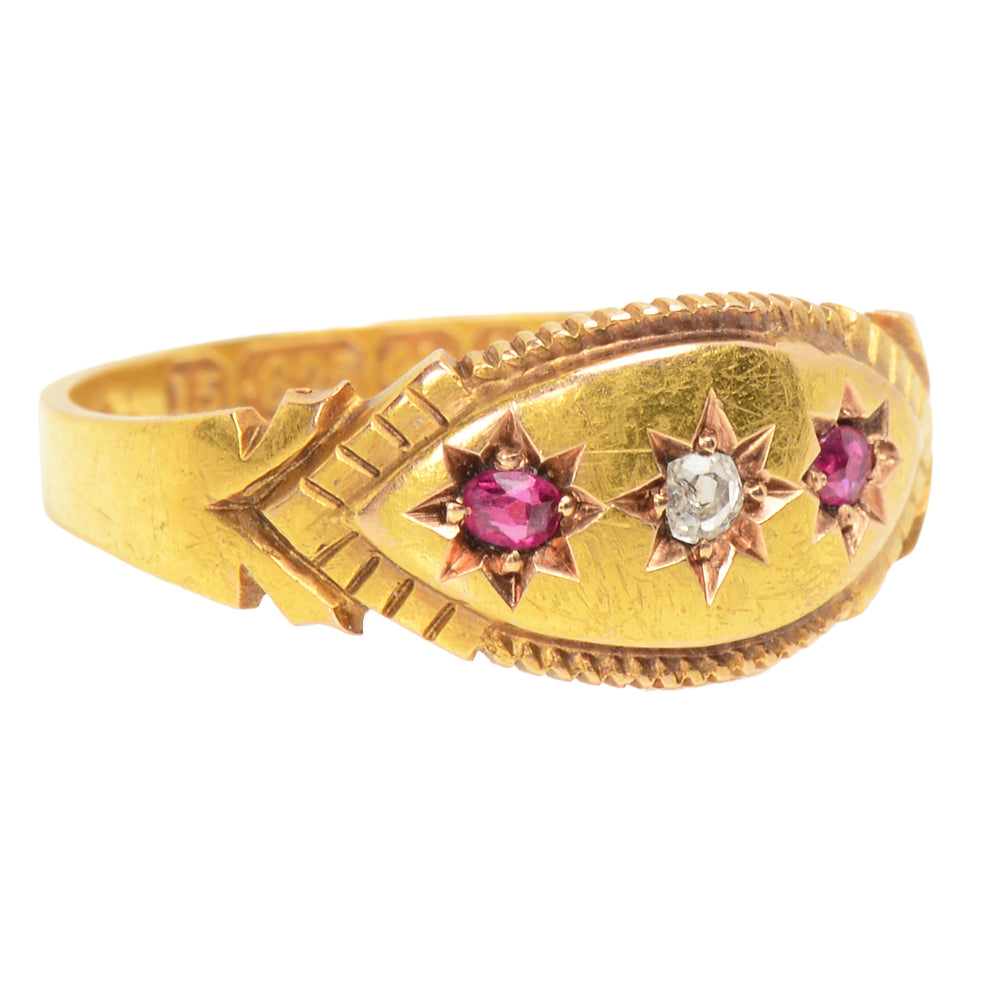 Ruby Diamond Gypsy Set Gold Ring from 1895