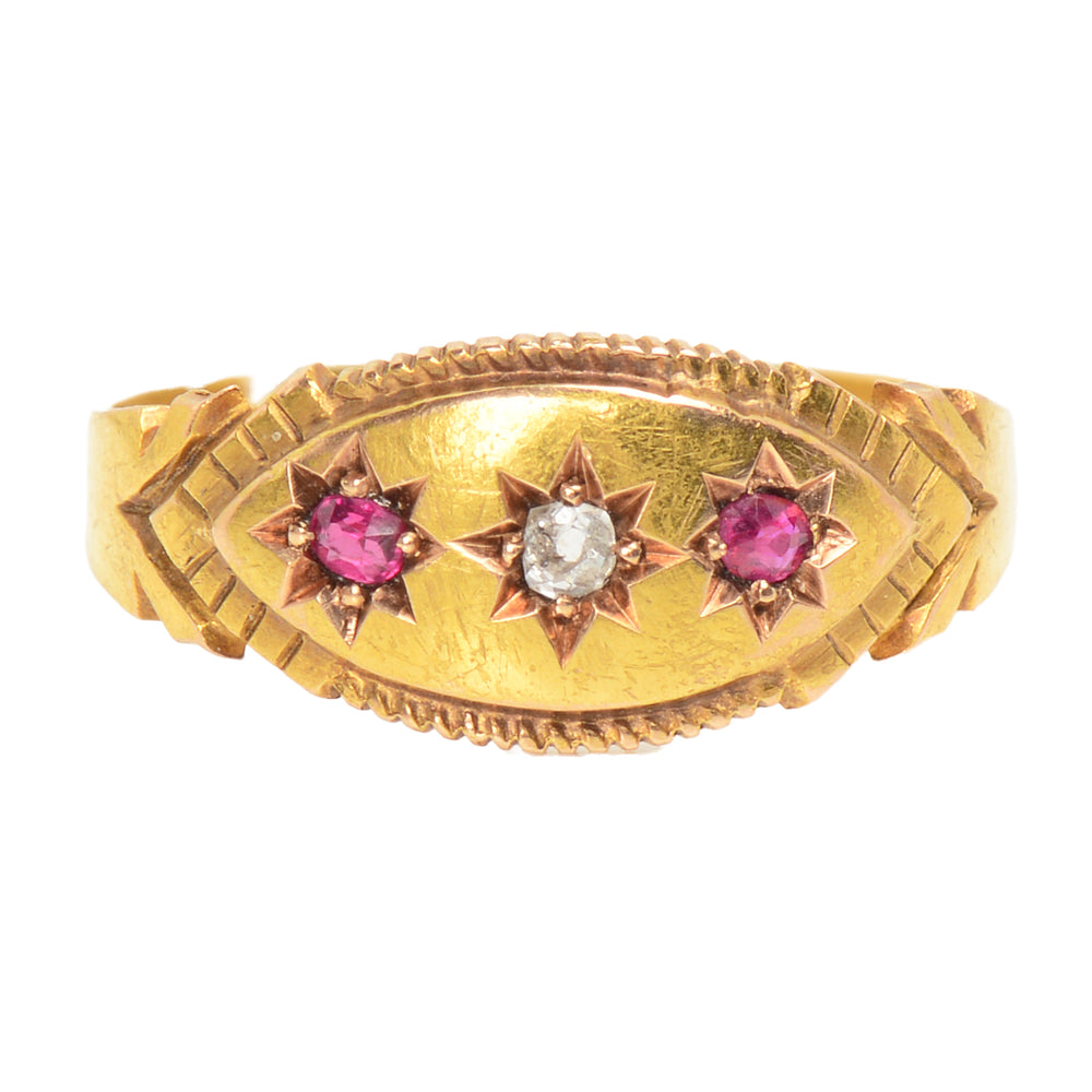 Ruby Diamond Gypsy Set Gold Ring from 1895