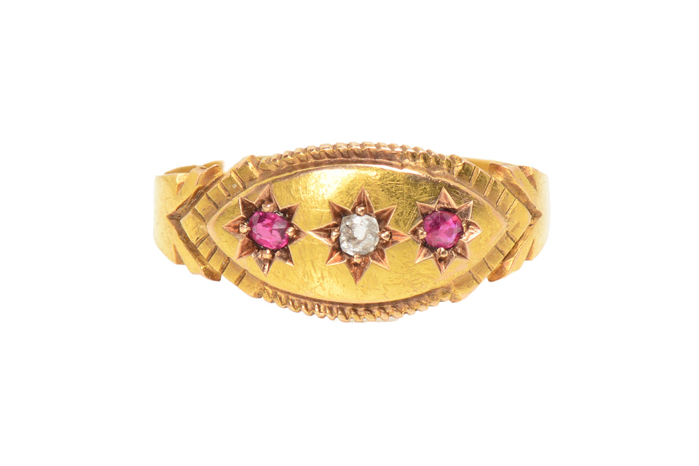 Ruby Diamond Gypsy Set Gold Ring from 1895