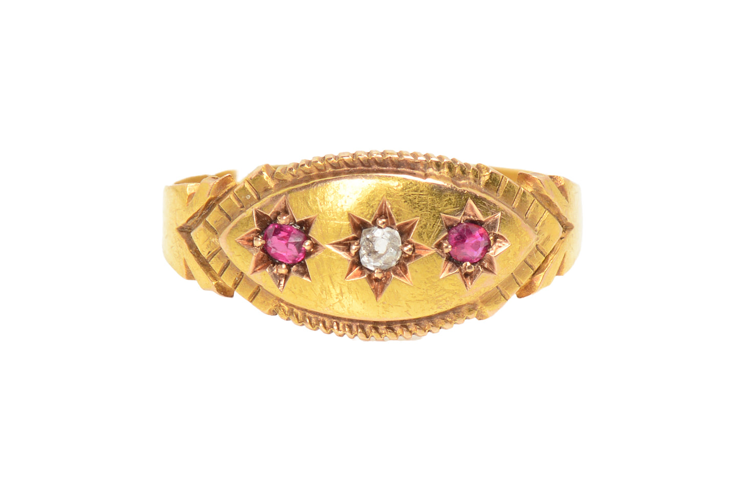 Ruby Diamond Gypsy Set Gold Ring from 1895