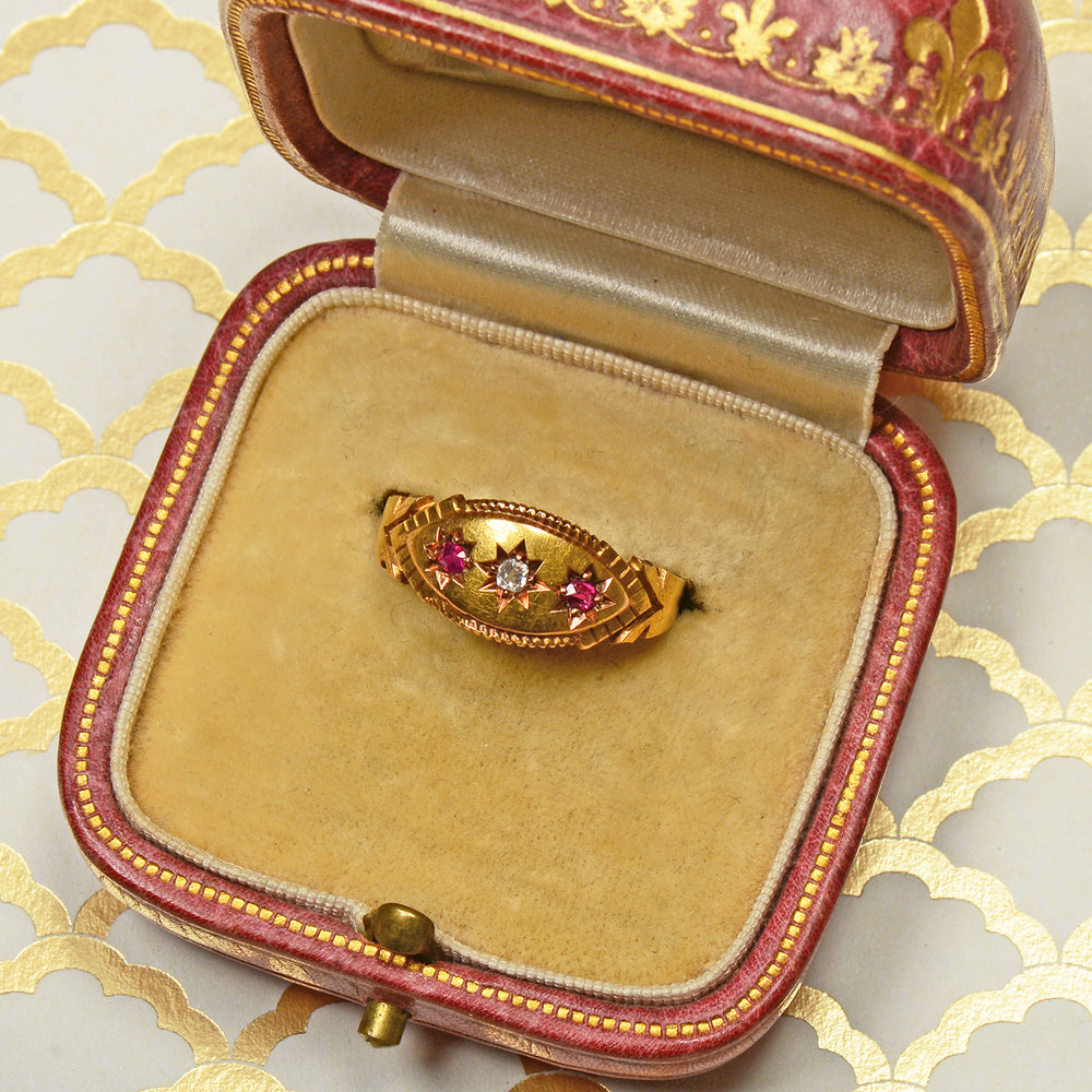 
                      
                        Ruby Diamond Gypsy Set Gold Ring from 1895
                      
                    