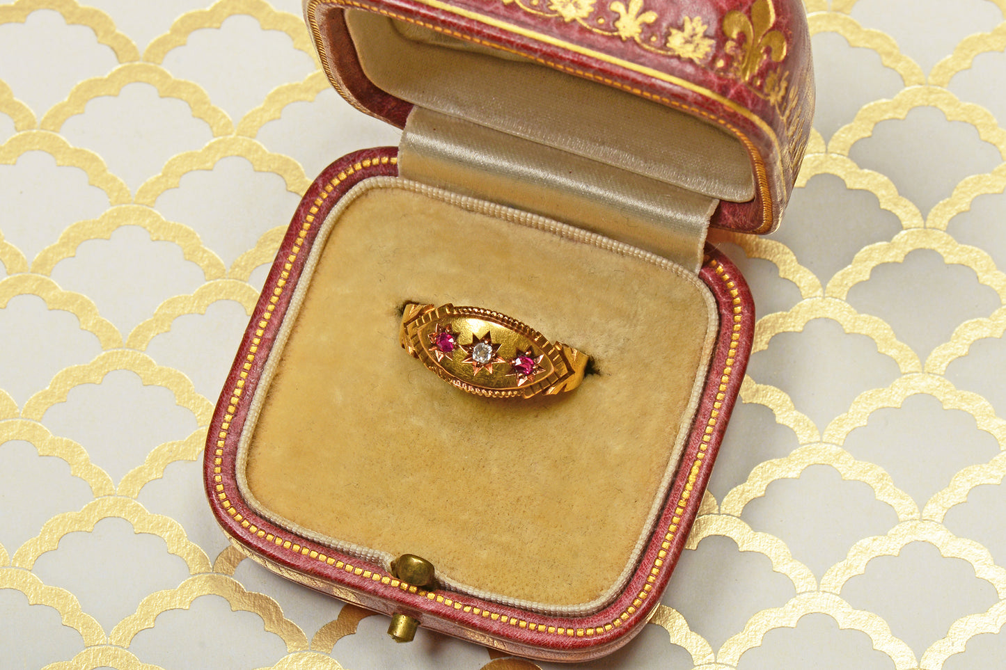 Ruby Diamond Gypsy Set Gold Ring from 1895