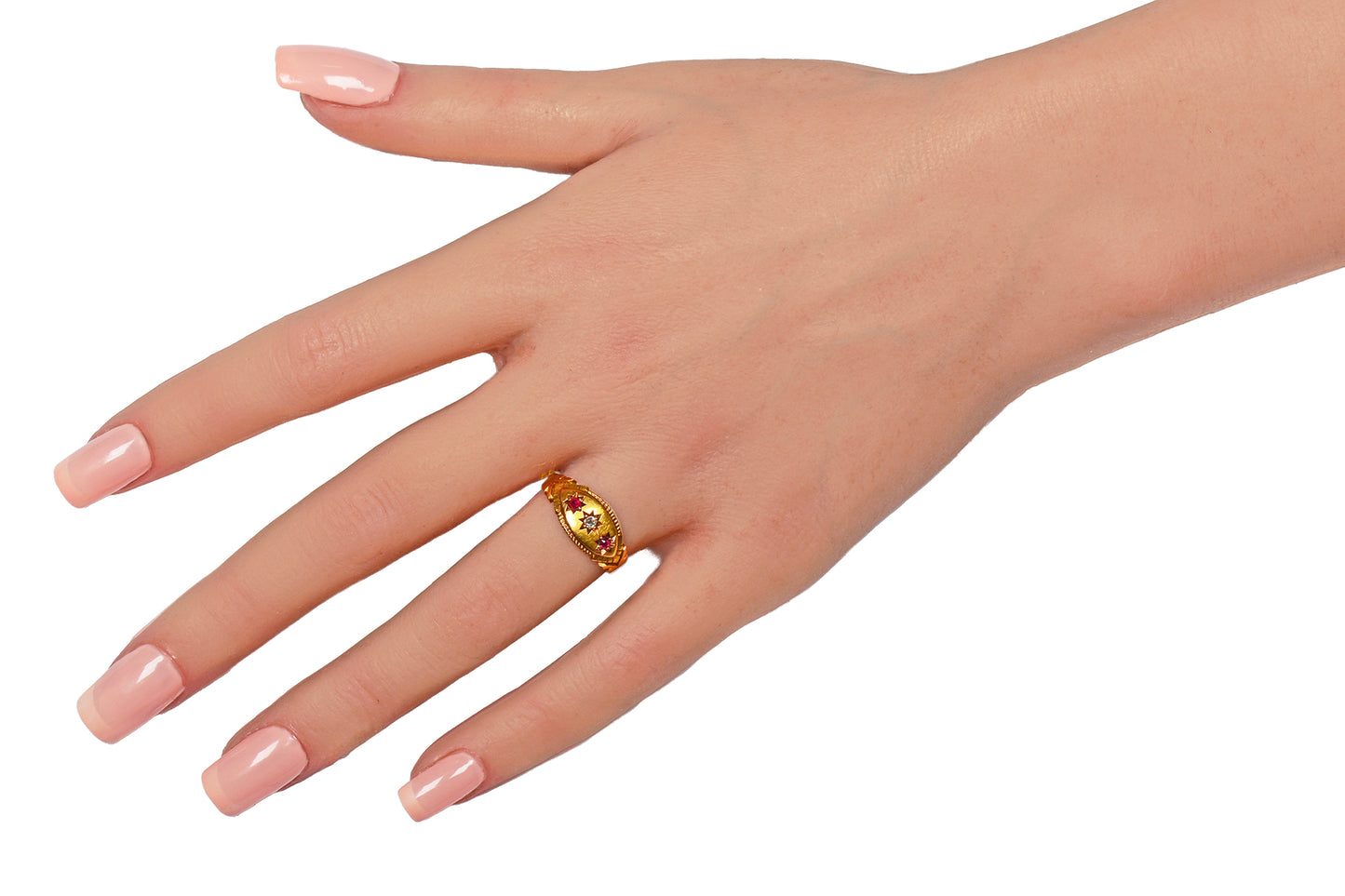 Ruby Diamond Gypsy Set Gold Ring from 1895