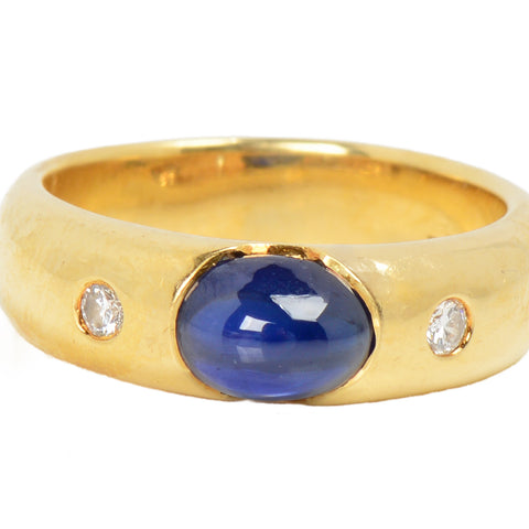 Gypsy Set Natural Sapphire Two Diamond 18k Ring