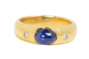 Gypsy Set Natural Sapphire Two Diamond 18k Ring