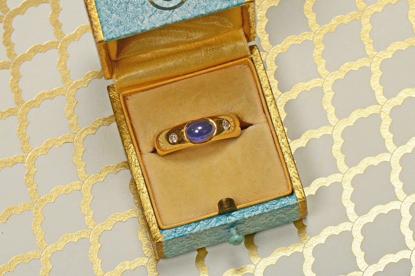 Gypsy Set Natural Sapphire Two Diamond 18k Ring