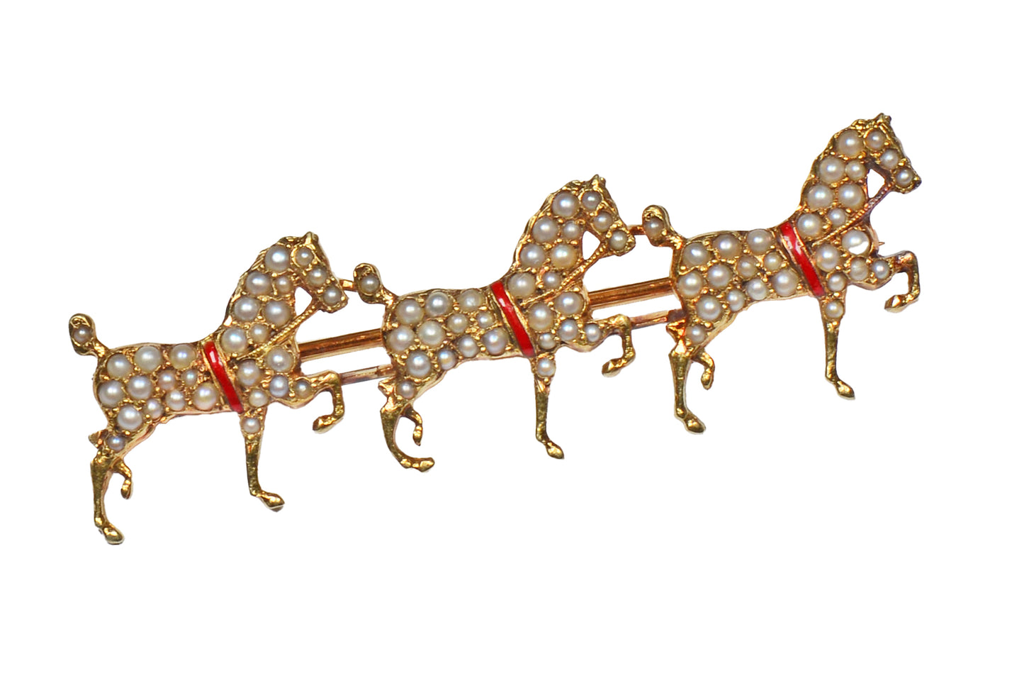 Sloan & Co. Three Horse Pearl Gold Brooch