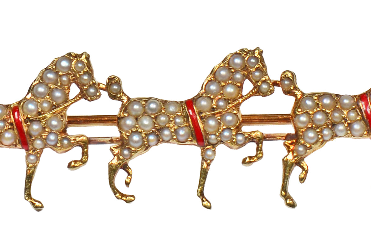 Sloan & Co. Three Horse Pearl Gold Brooch