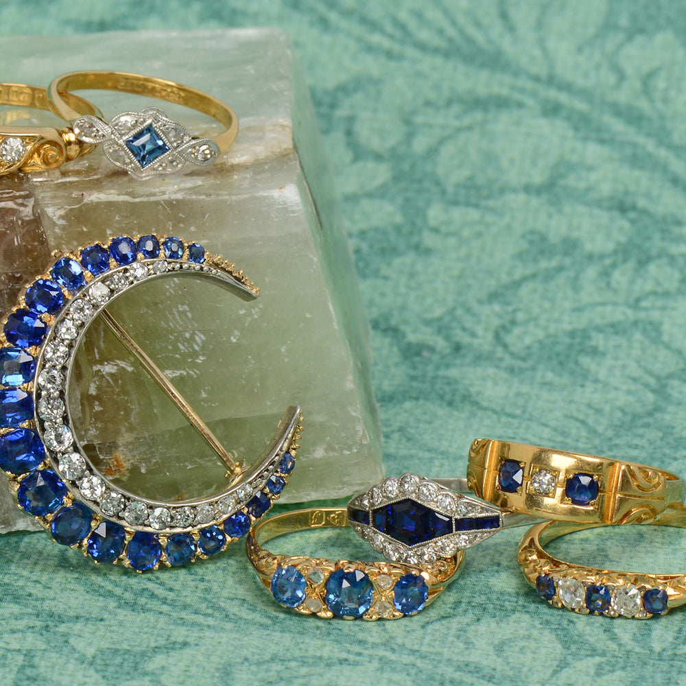 
                      
                        Victorian Antique Sapphire Diamond Crescent Moon Brooch
                      
                    