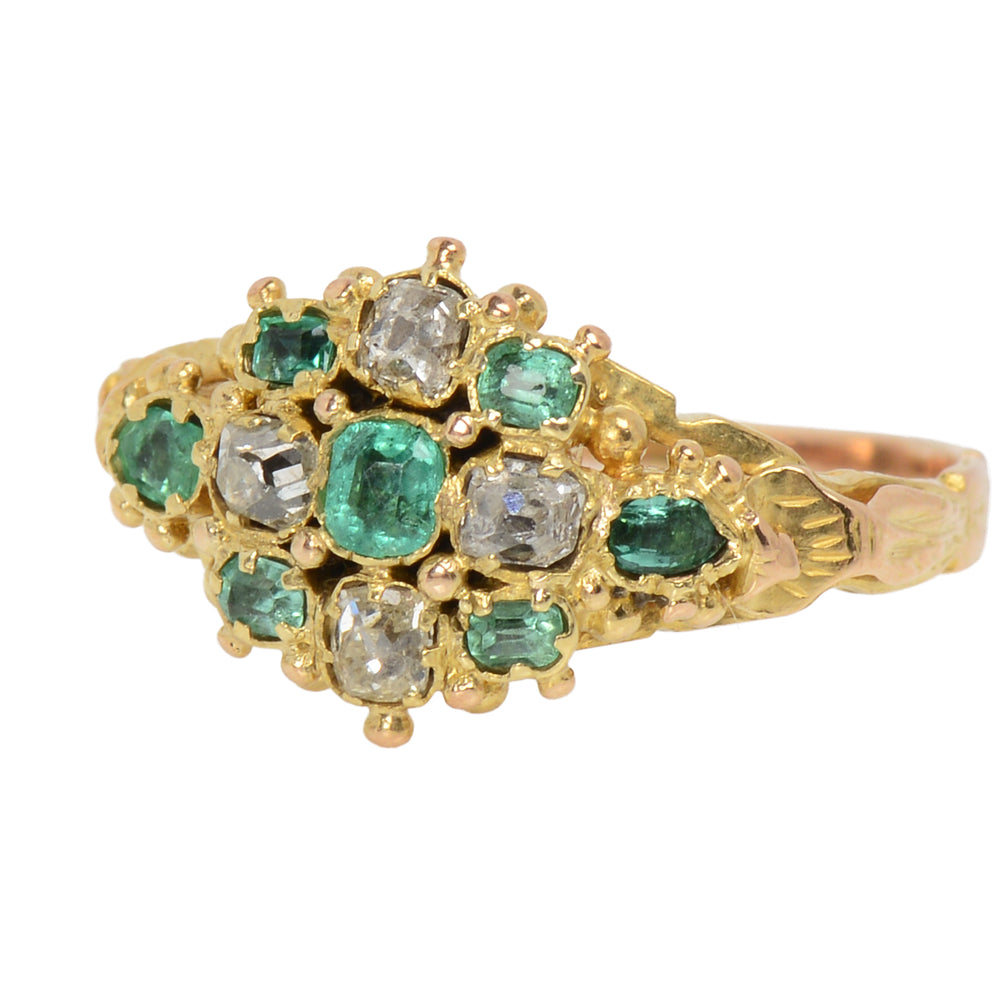 Cushion Cut Diamond & Emerald Victorian Ring