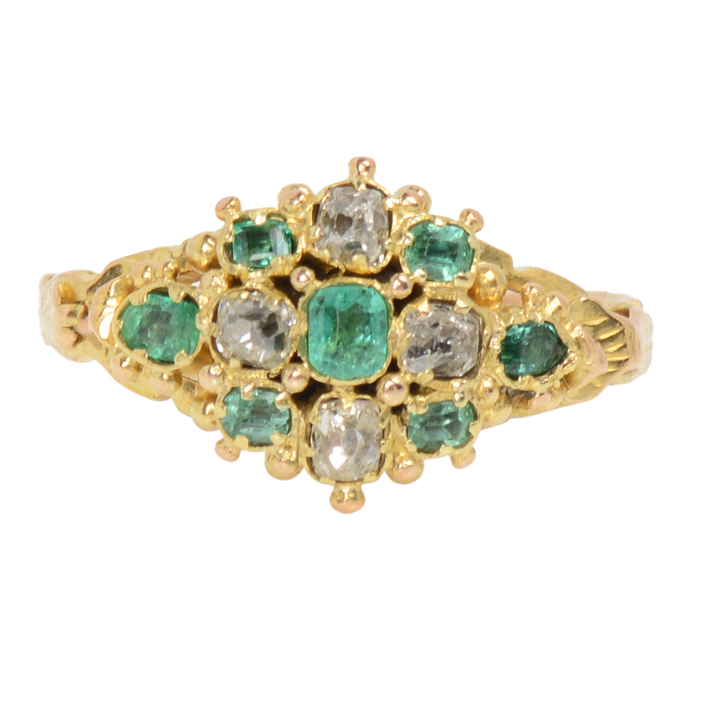 Cushion Cut Diamond & Emerald Victorian Ring