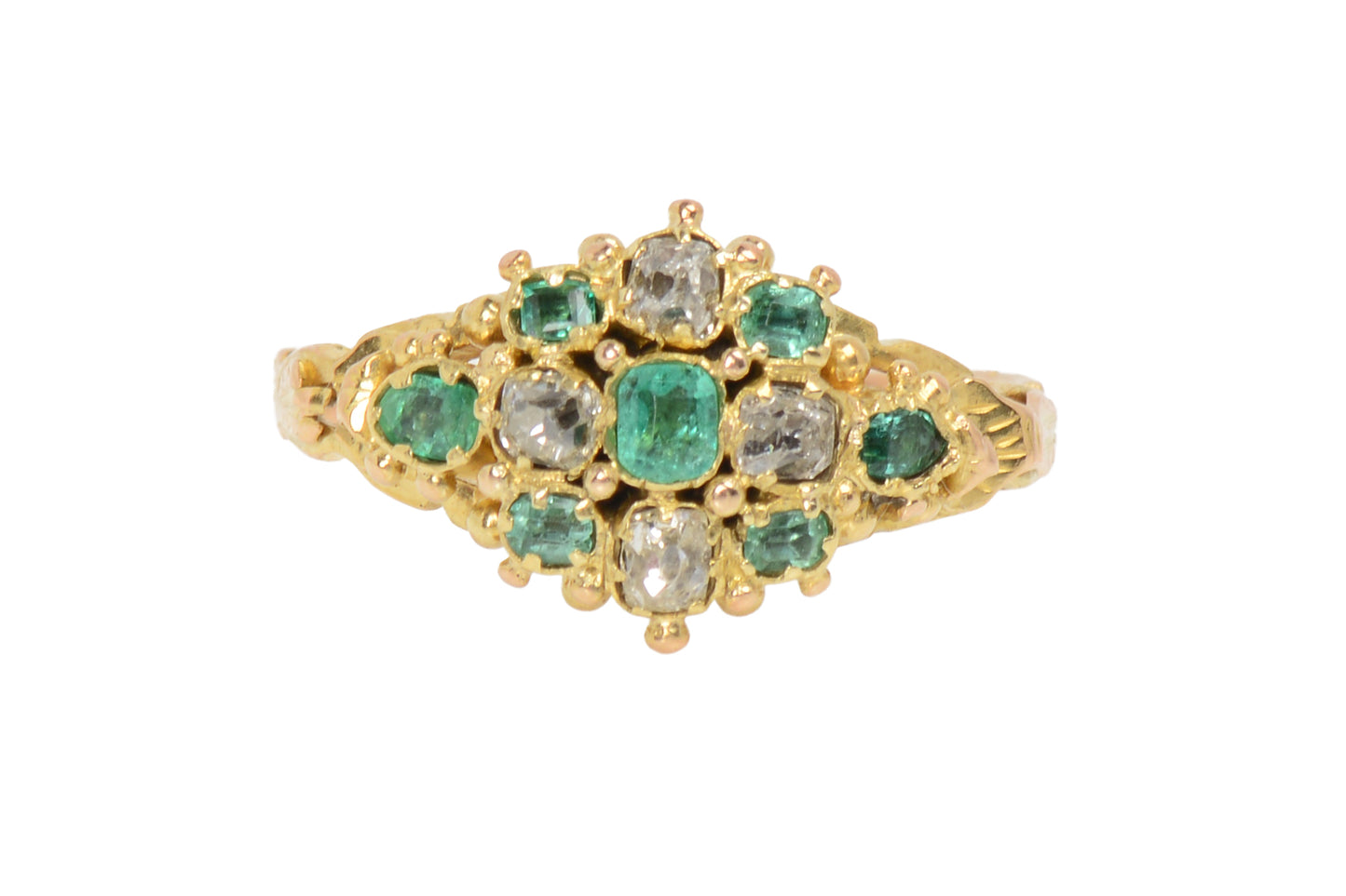 Cushion Cut Diamond & Emerald Victorian Ring