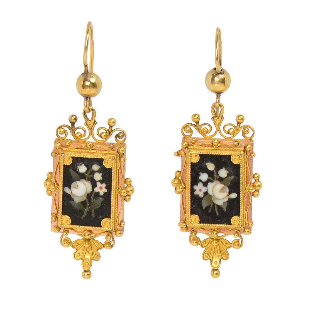Victorian Pietra Dura Gold Earrings