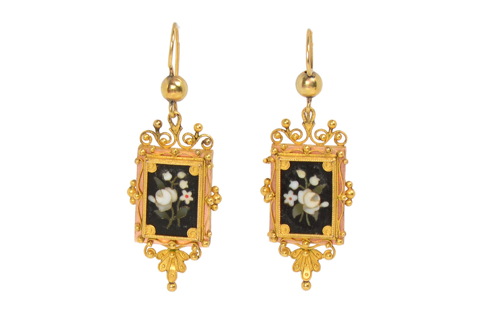 Victorian Pietra Dura Gold Earrings