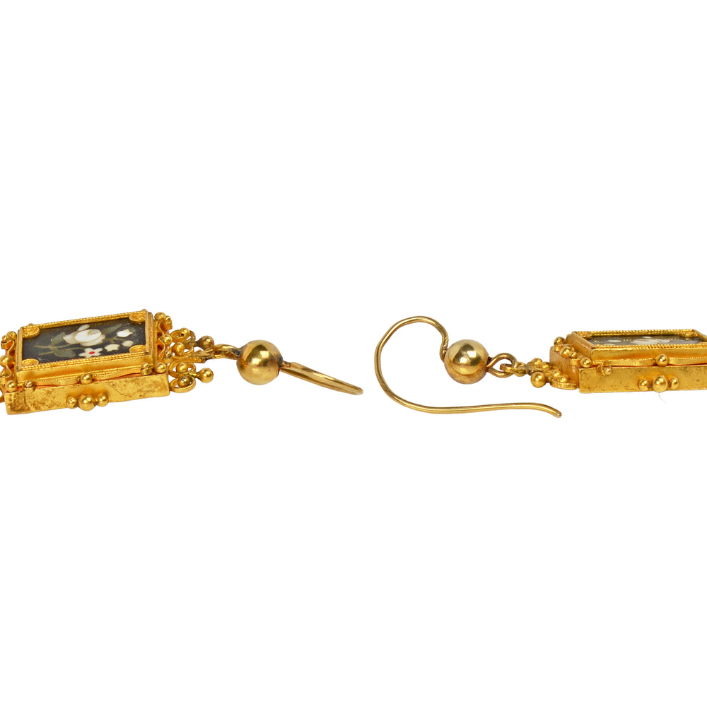 Victorian Pietra Dura Gold Earrings