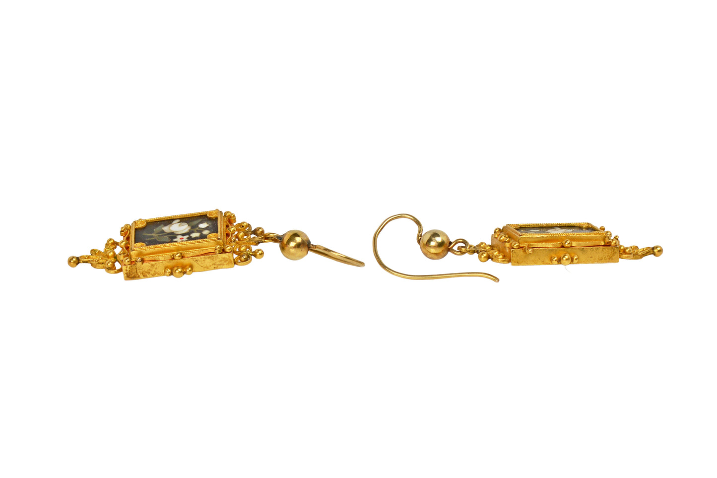 Victorian Pietra Dura Gold Earrings