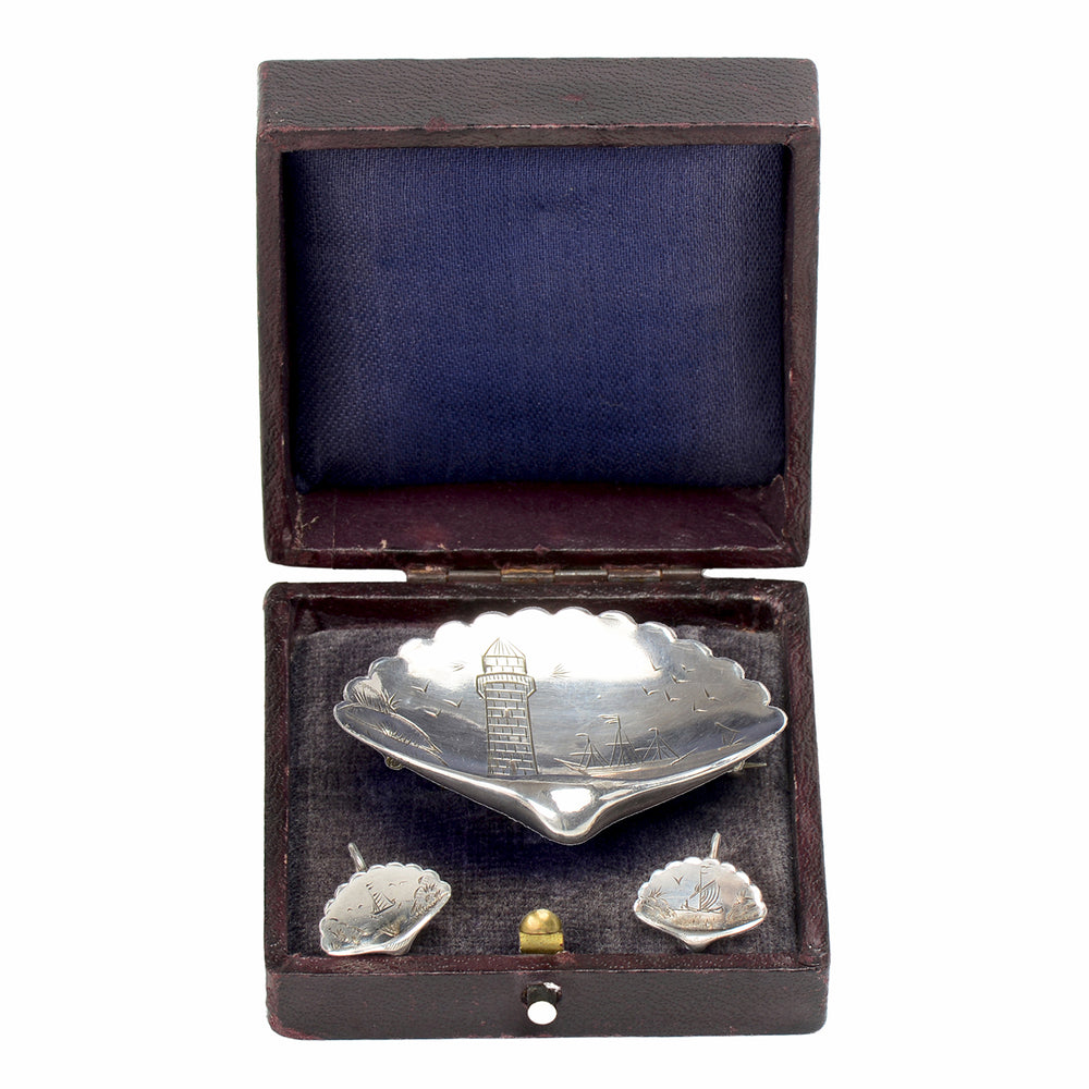 Silver Shell Motif Seascape Brooch & Earrings in box